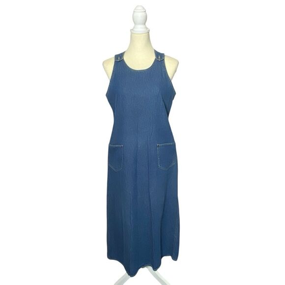 Vintage Petite Sophisticate Denim Jumper Midi Dress W/Pockets Women's Size 10 - Picture 1 of 16